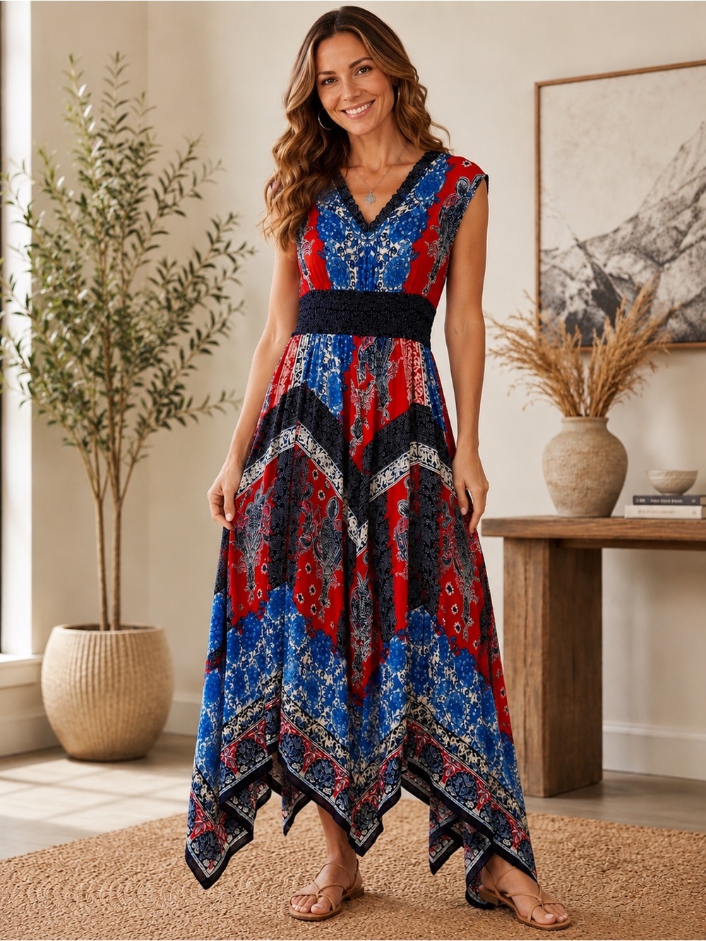 Bila Red & Blue V-Neck Handkerchief Hem Maxi Dress